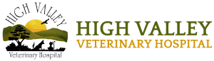 High Valley Veterinary Hospital. Logo is an silhouette of a dog and cat next to a tree in front of green rolling hills and a setting sun