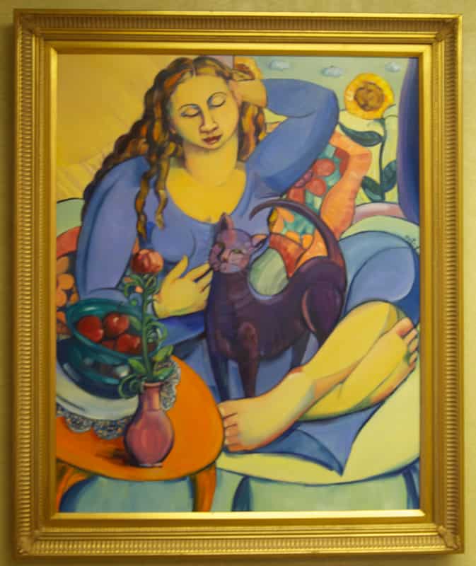 A painting of a woman and a cat