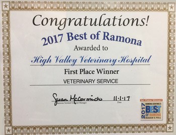 2017 Best of Ramona awarded to High Valley Veterinary Hospital
