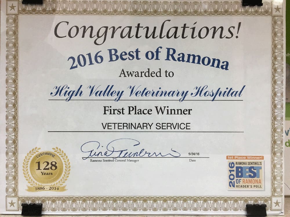 2016 Best of Ramona awarded to High Valley Veterinary Hospital