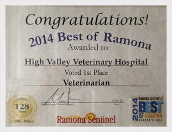 2014 Best of Ramona award to High Valley Veterinary Hospital