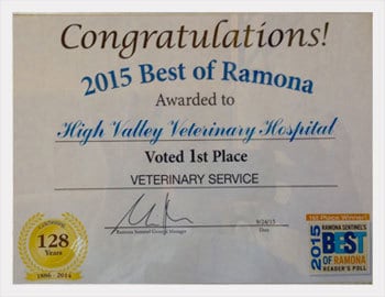 2015 Best of Ramona awarded to High Valley Veterinary Hospital